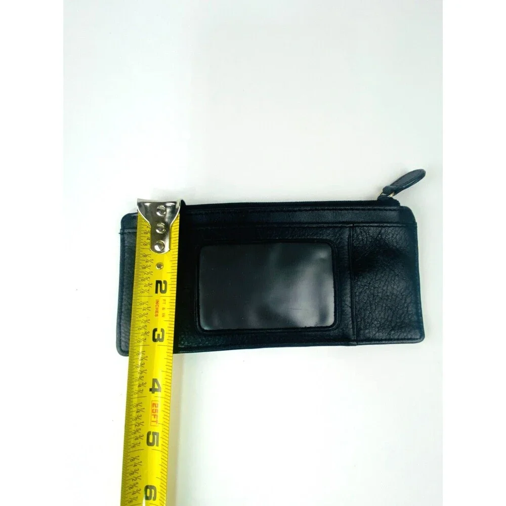 Vtg Black Genuine Leather Slim Card Holder Wallet Zipper Coin Pouch ID Window